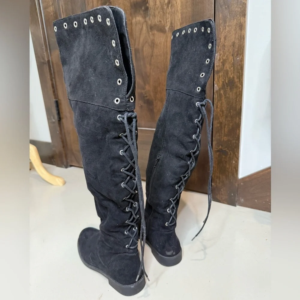Just Fab Sarai Black Over-the-Knee Boots with Eyelet Detail Size 7